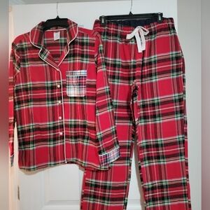 Lands' End Woman's 2 Piece Red Plaid Flannel Pajamas Size Medium